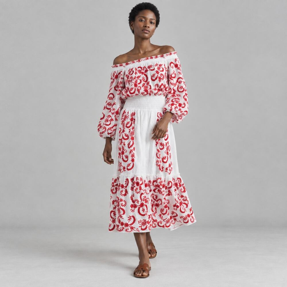 Misa Lilou Embroidered Off-The-Shoulder Midi Dress Womens L Red/White